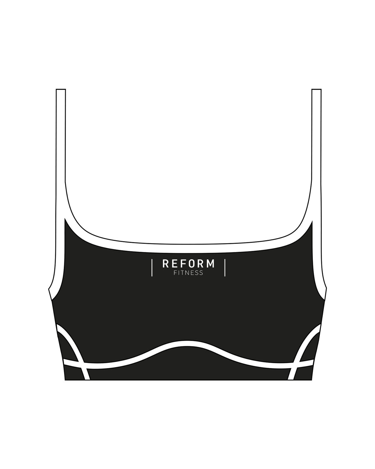 The Piped Scoop Sports Bra - Black - Reform Fitness - Center Chest - Printed - White