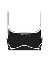 The Piped Scoop Sports Bra - Black - Reform Fitness - Center Chest - Printed - White