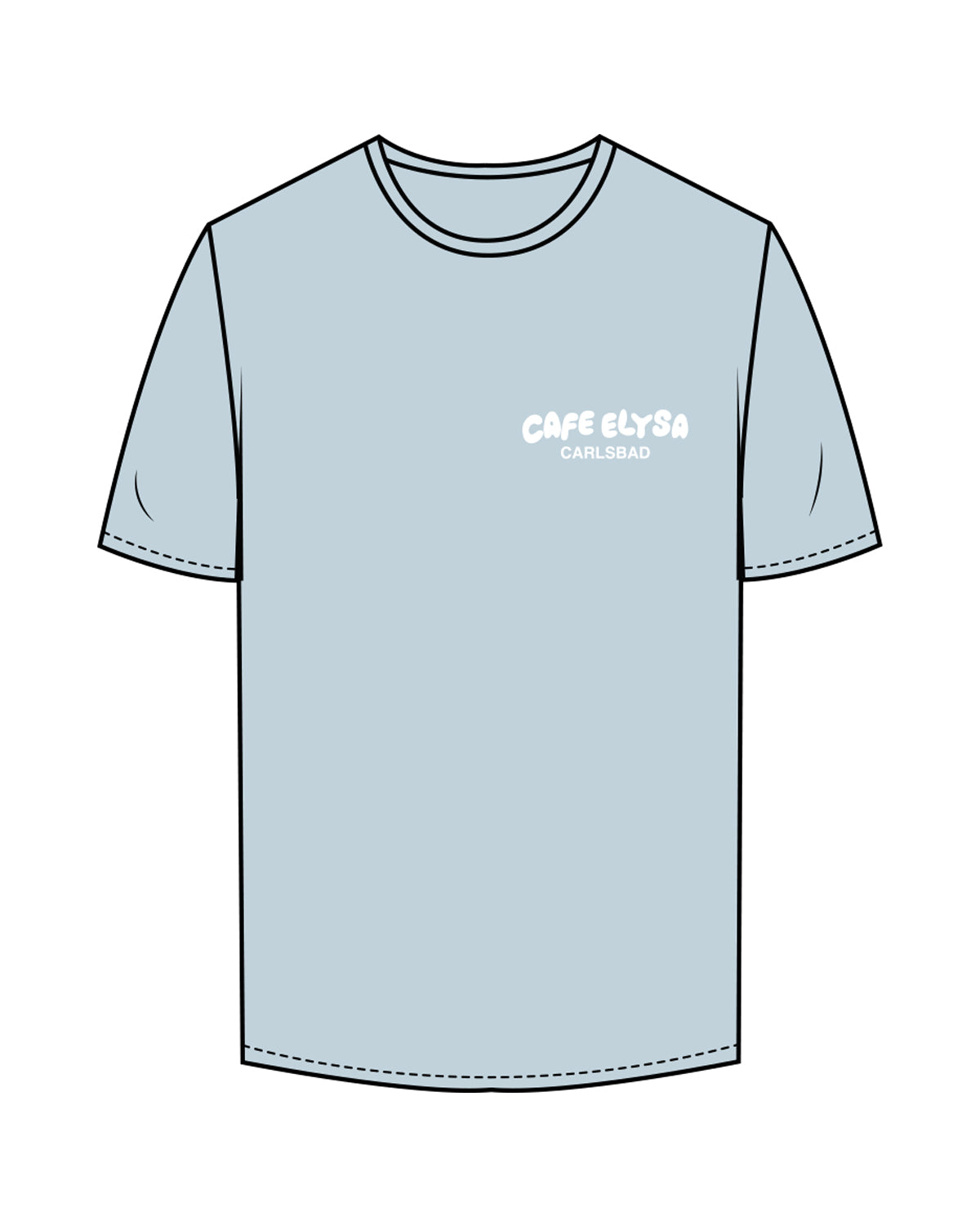 The Mens Tee - Pale Blue - Cafe Elysa - Left Chest & Center Back - White