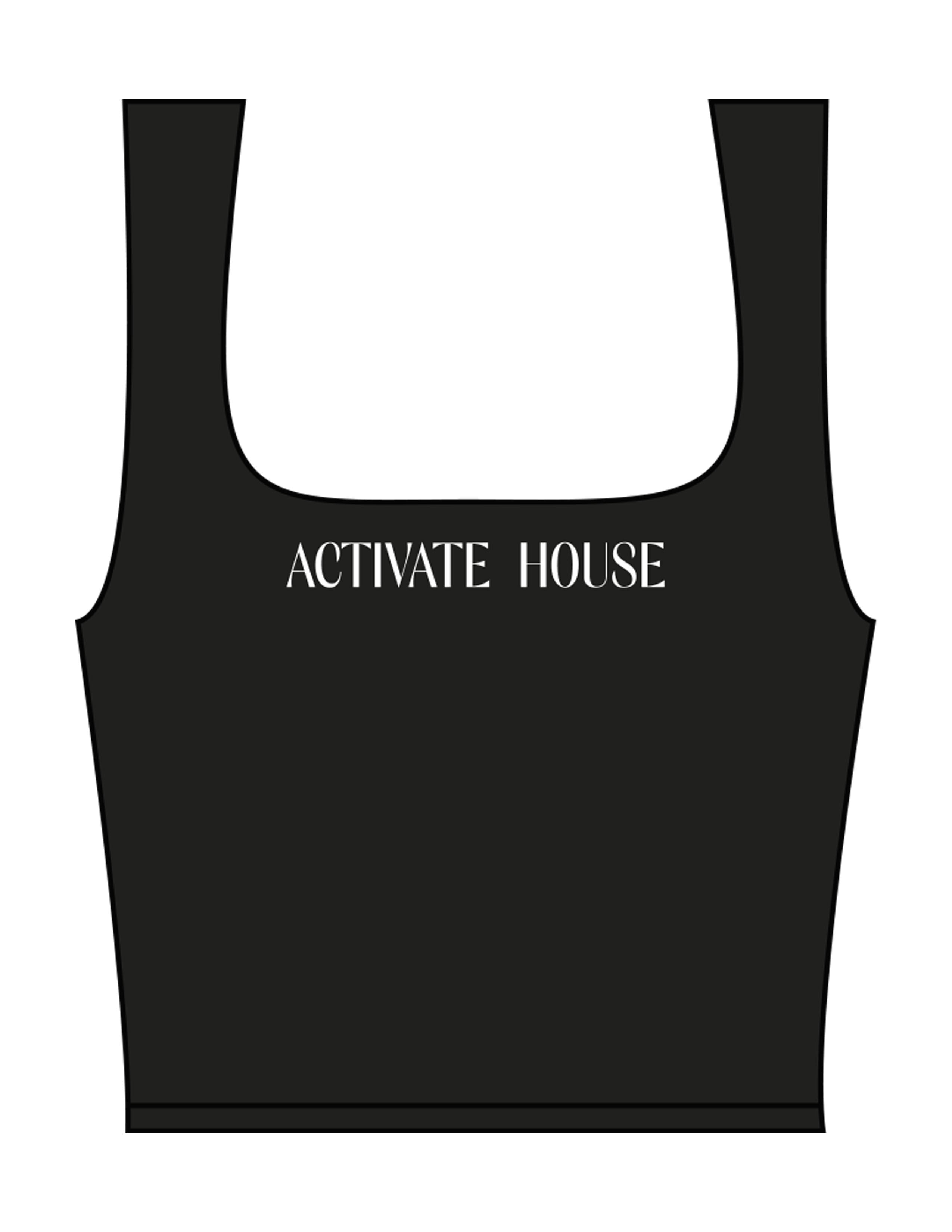 The Square Neck Tank - Black - Activate House - Center Chest - Printed - White