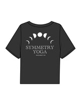 The Boxy Crop Tee - Black - Symmetry Yoga - Left Chest Arc & Back Stacked - Printed - White