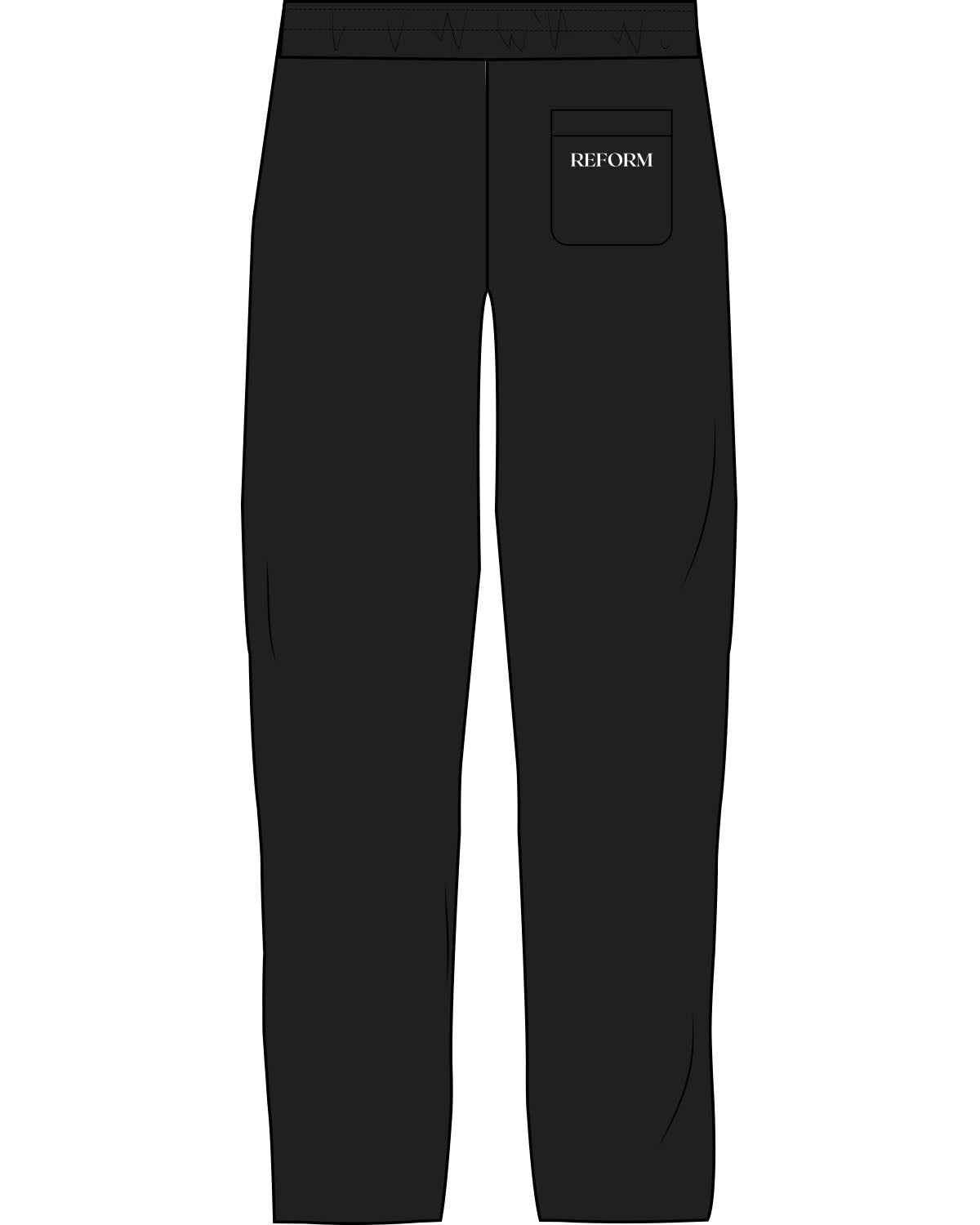 The Straight Leg Sweatpant - Black - REFORM Pilates Studio - Left Leg & Back Pocket - Printed - White