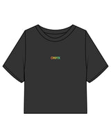 The Heavyweight Crop Tee - Washed Black - Onyx Fit - Center Chest & Center Back Stacked - Full Color