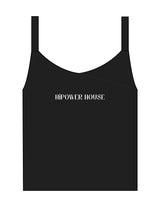 The Micro Rib Strappy Crop Tank - Black - Hi Power - Center Chest - Printed - White
