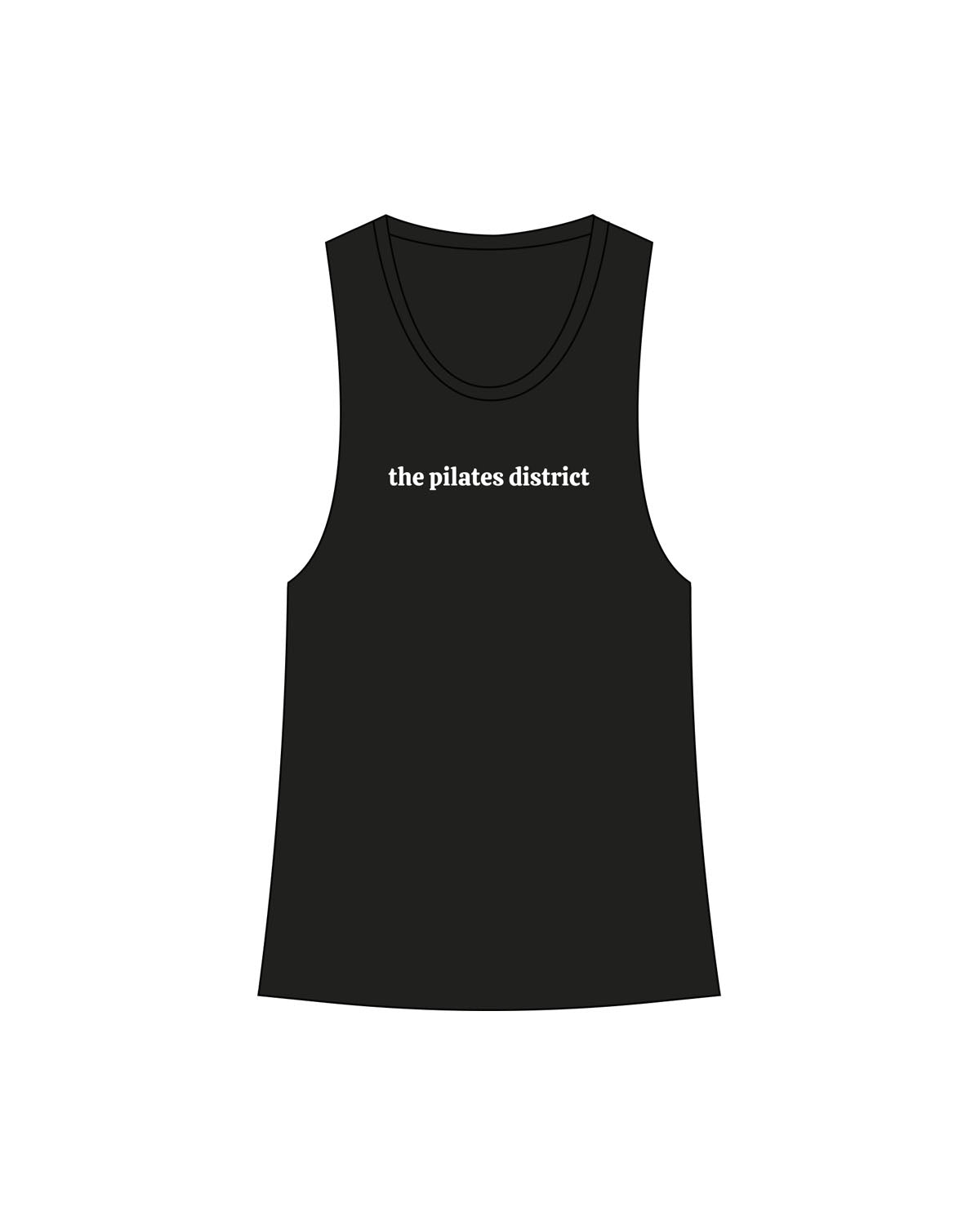 The Womens Racerback Tank - Black - THE PILATES DISTRICT - Center Chest - Printed - White