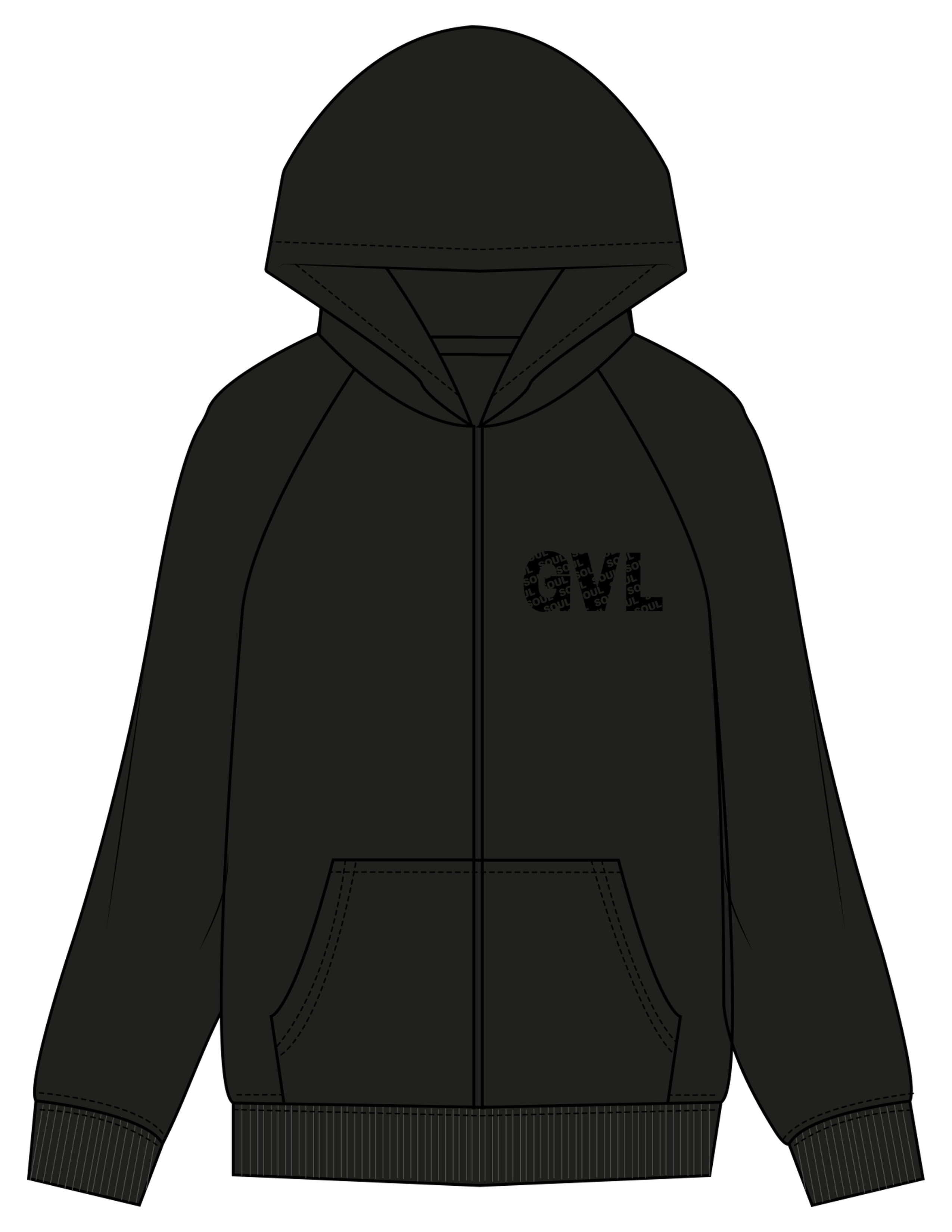 The Mens Heavyweight Zip Hoodie - Black - SOUL YOGA - Left Chest "GVL" - Printed - Tone on Tone