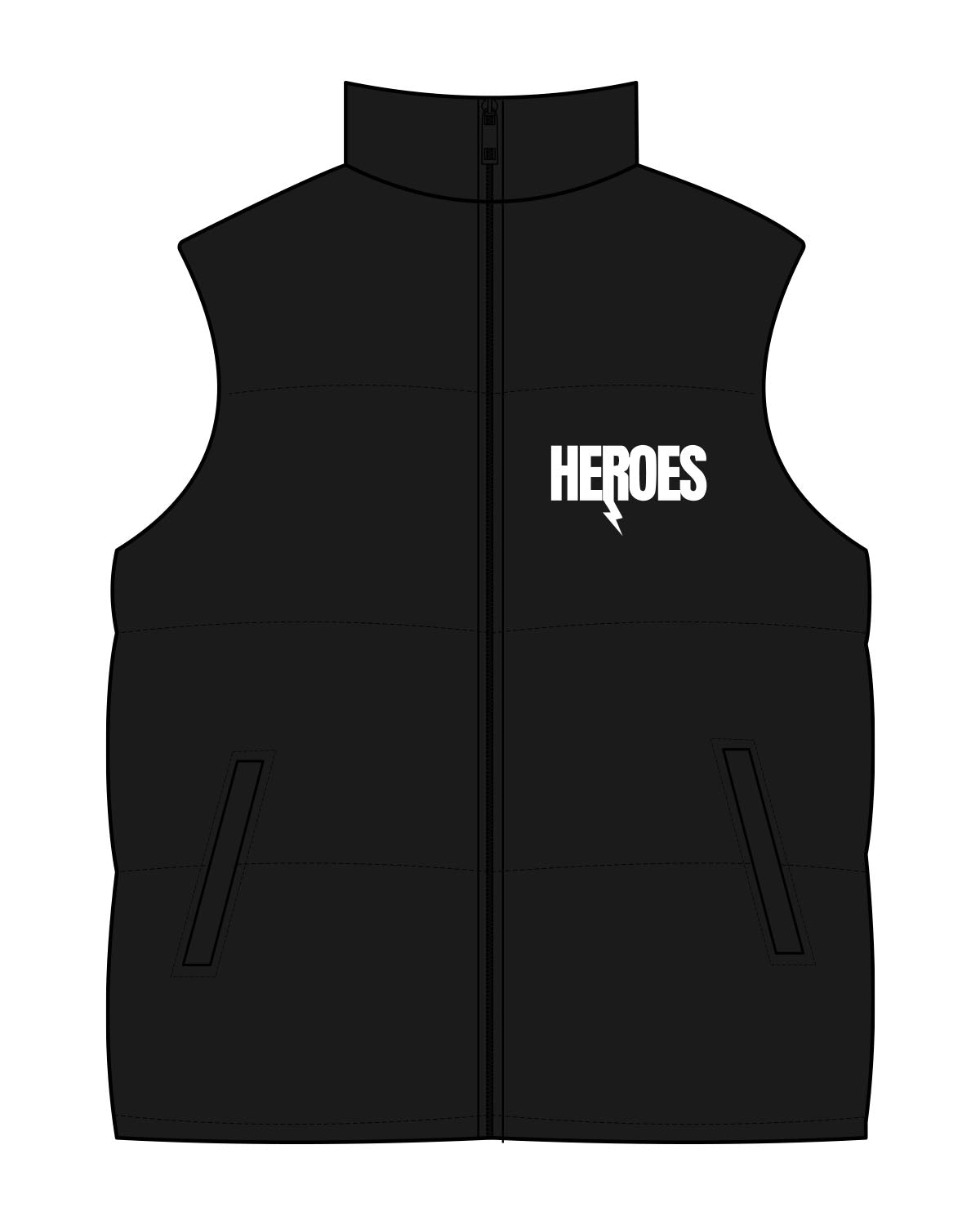 The Mens Puffer Vest - Black - Heroes Fitness - Left Chest - Printed - White