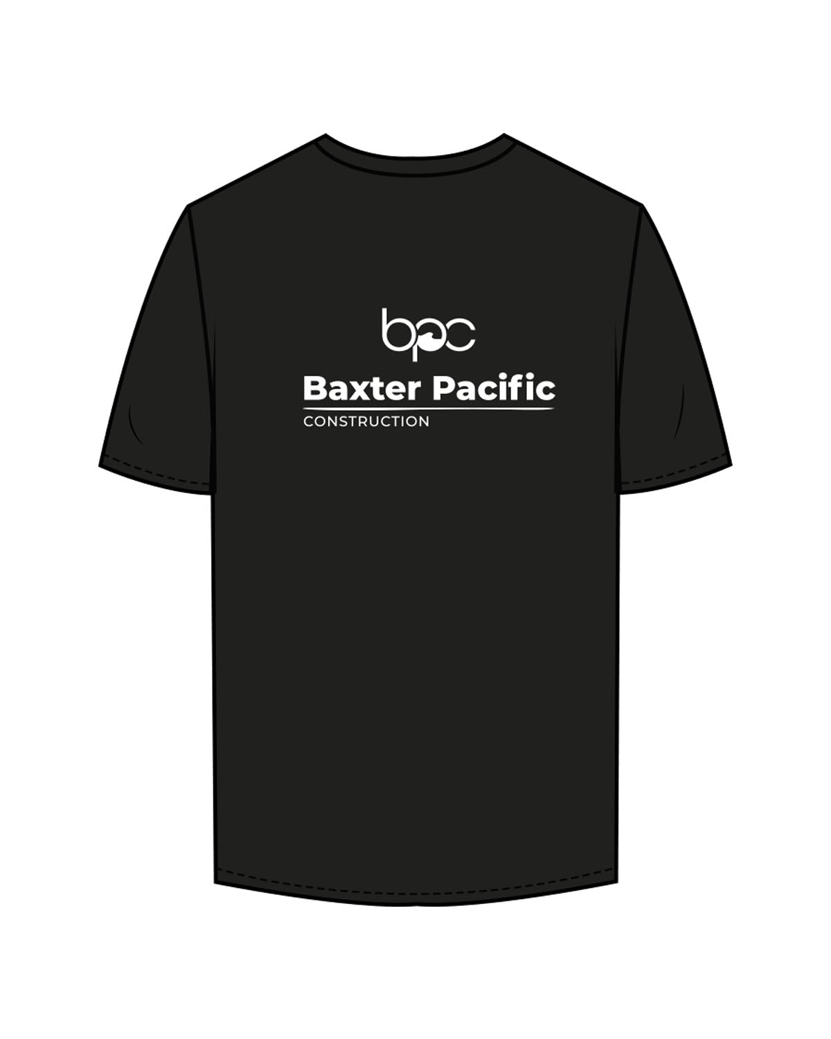 The Mens Tee - Black - Baxter Pacific - Left Chest & Back Stacked - Printed - White