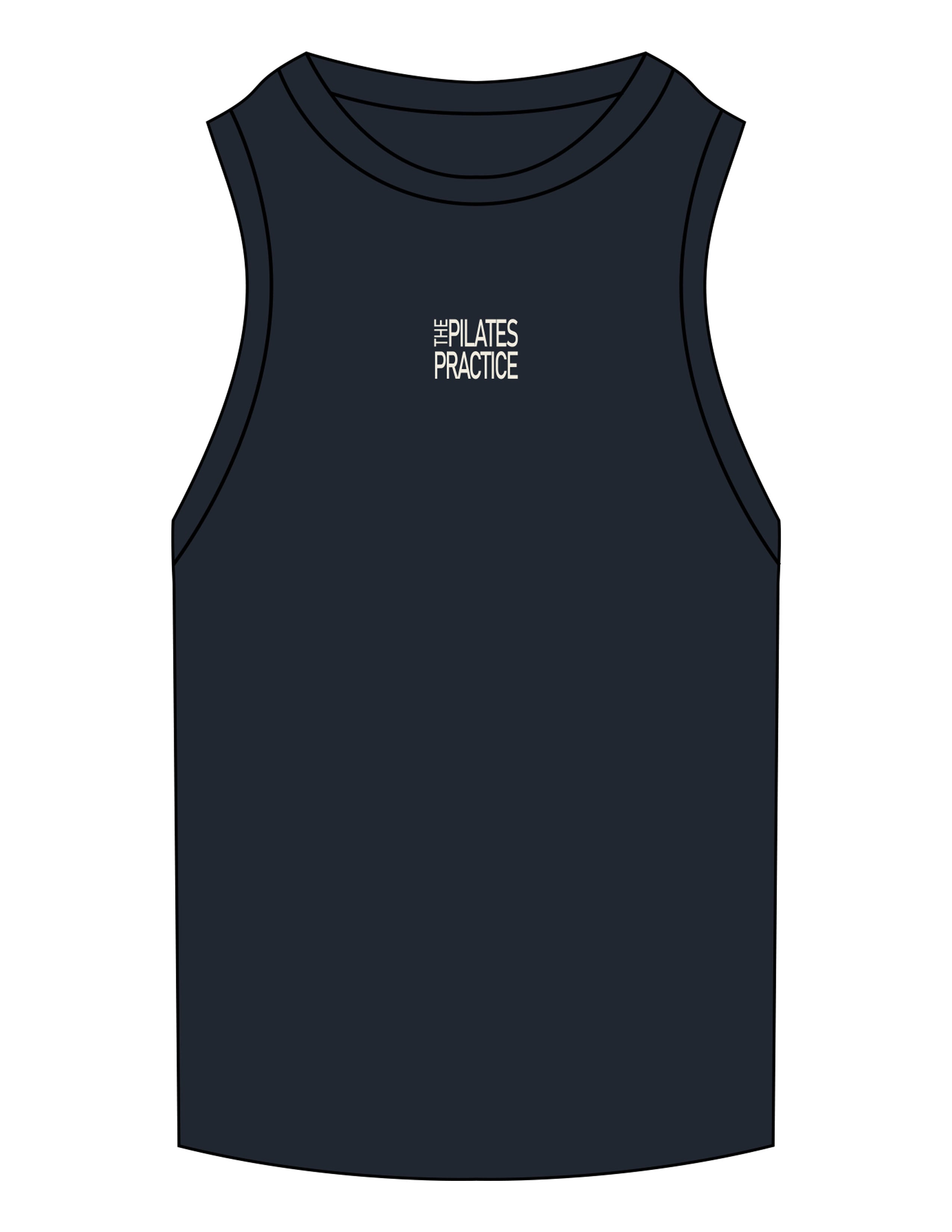 The Ribbed Full Length Tank - Navy - Pilates Practice - Center Chest Stacked - Embroidered - Off White