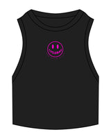 The Ribbed Crop Tank - Black - Cyclebar - Smiley - Embroidered - Hot PInk