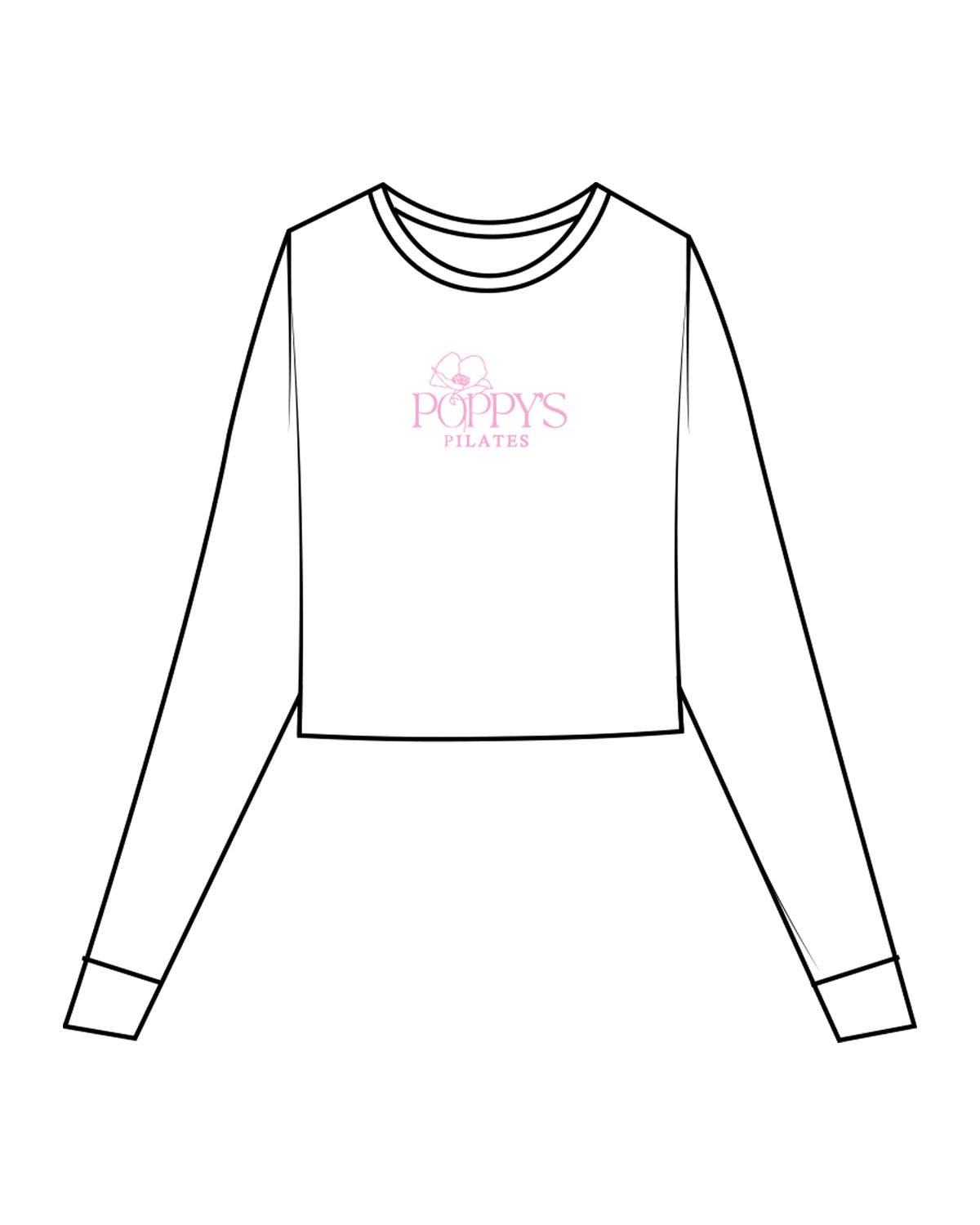 The Micro Rib Crop Long Sleeve - White - Poppys Pilates - Center Chest Stacked Logo - Printed - Pink