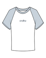 The Micro Rib Baby Tee - White / Baby Blue - Evolve Lagree - Center Chest - Printed - Navy