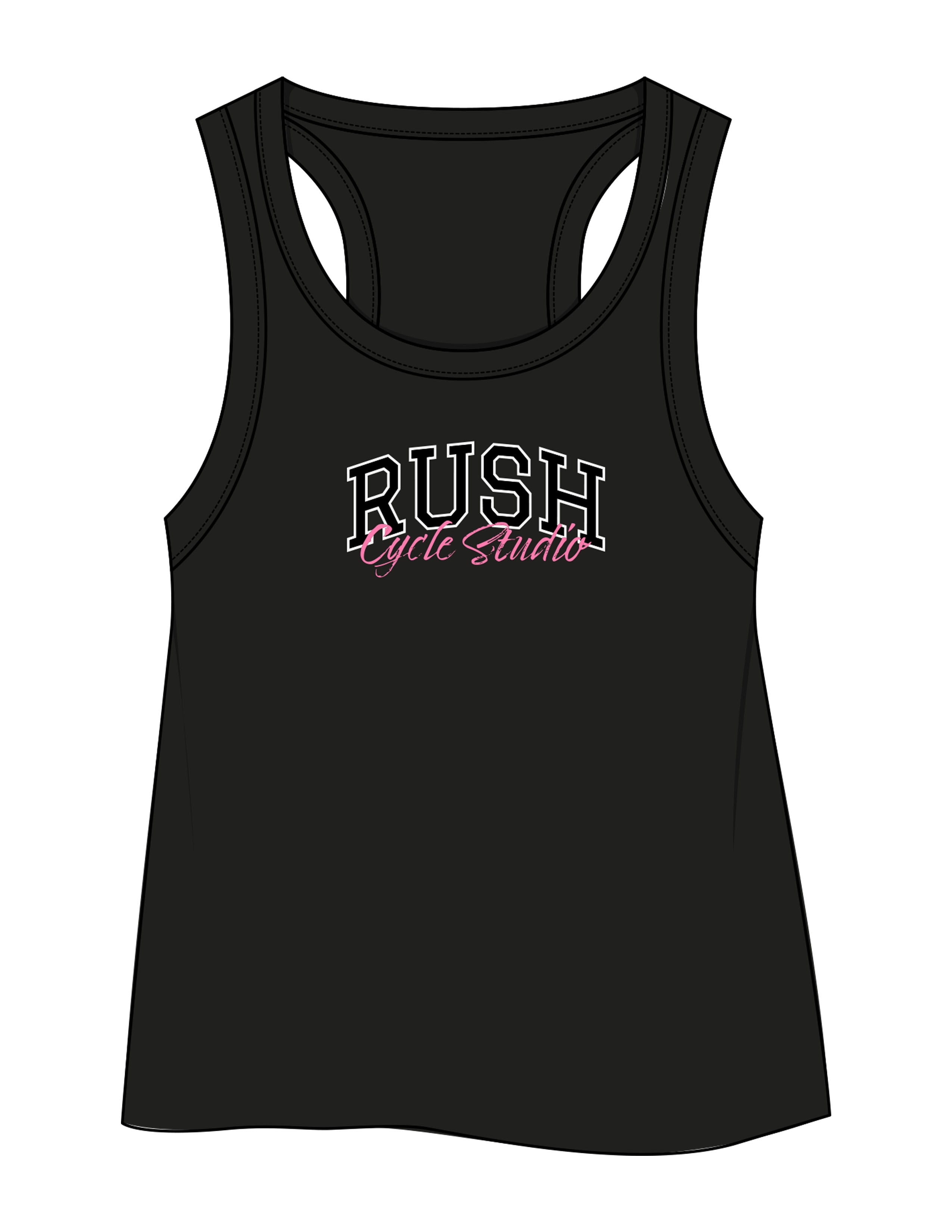 The Crop Tank - Black - Rush Cycle Studio - Center Chest Stacked - Printed - Full Color