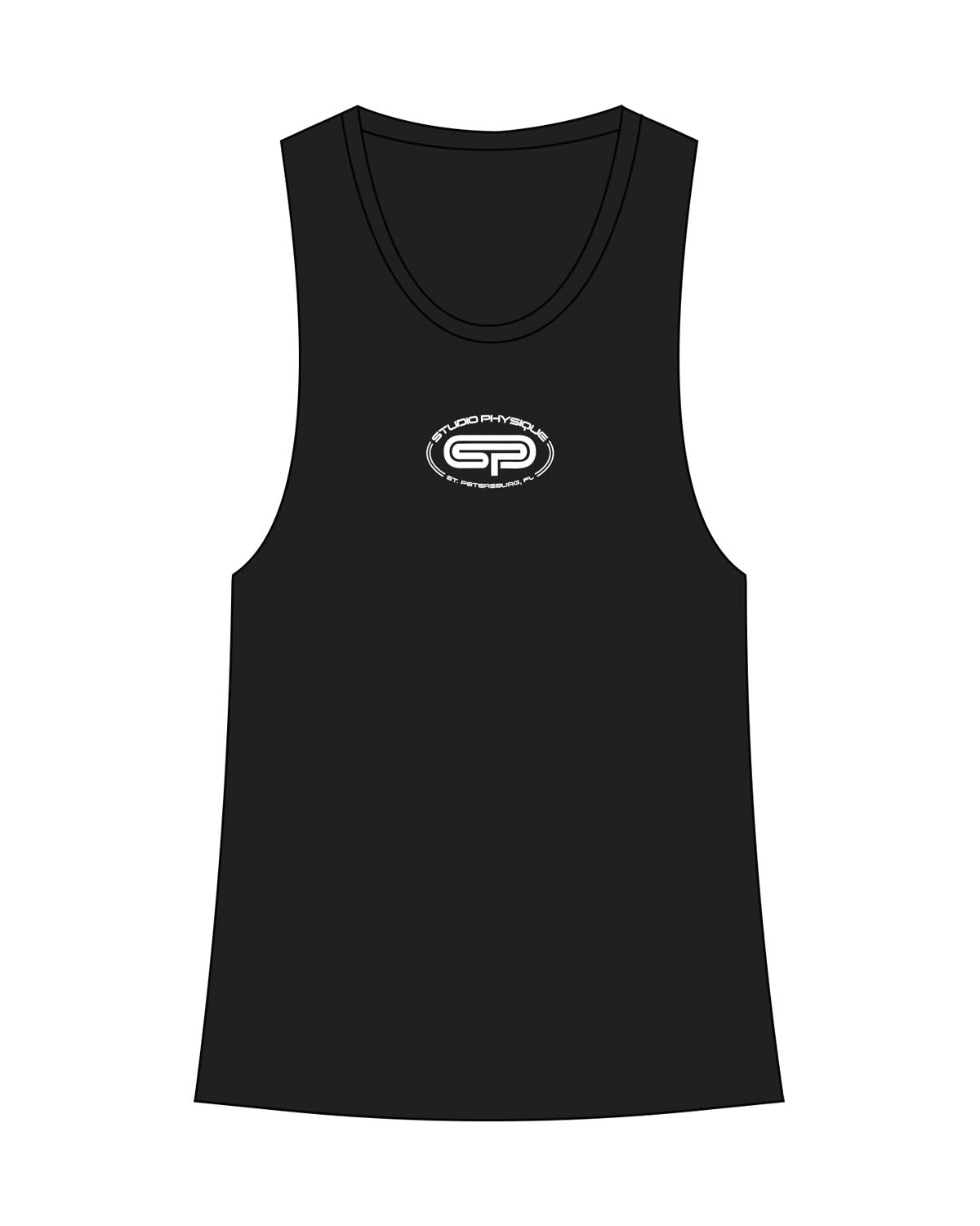 The Womens Racerback Tank - Black - Studio Physique - Center Chest - Printed - White
