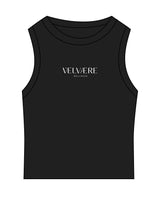 The Micro Rib Basic Crop Tank - Black - Velvaere - Center Chest Stacked - Printed - White
