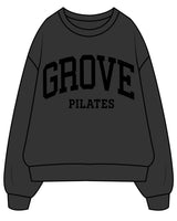 The Womens Crewneck - Washed Black - Grove Pilates - Center Chest Stacked - Black
