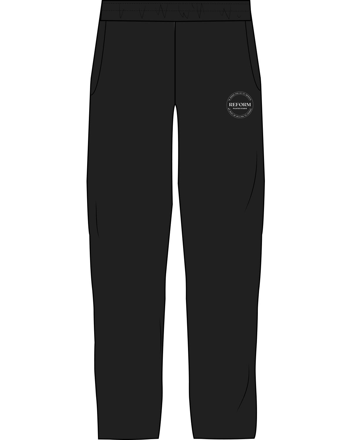 The Straight Leg Sweatpant - Black - REFORM Pilates Studio - Left Leg & Back Pocket - Printed - White