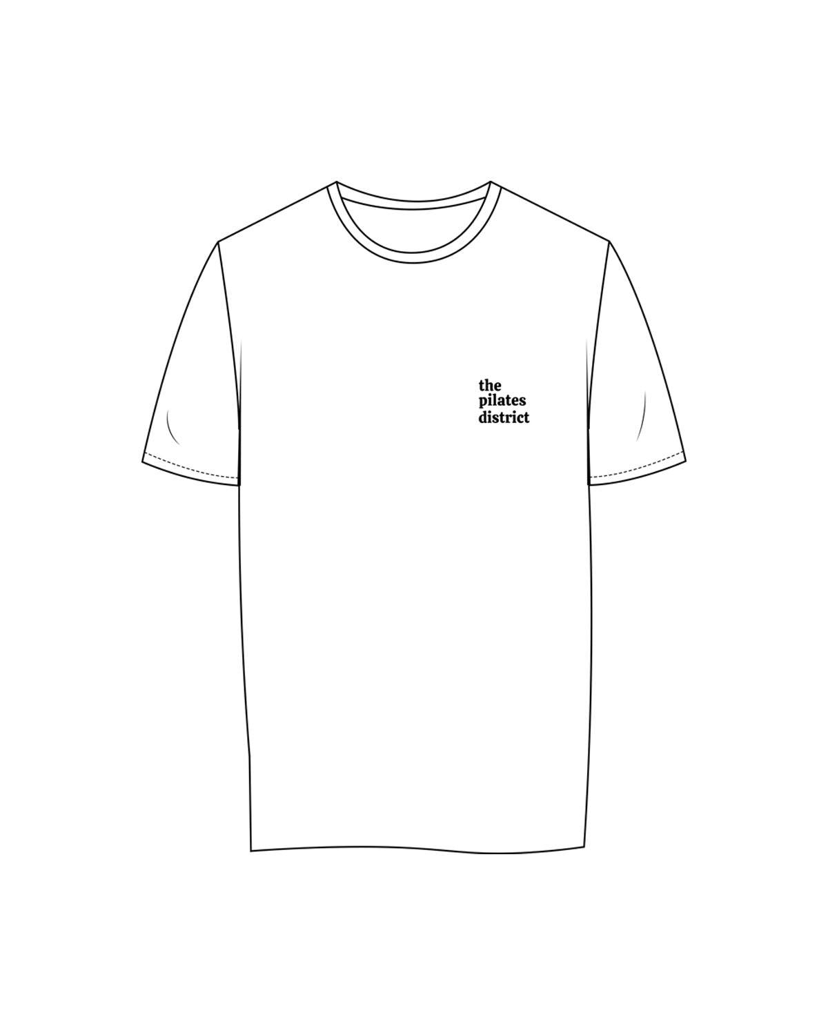 The Womens Tee - White - THE PILATES DISTRICT - Left Chest Stacked - Printed - Black