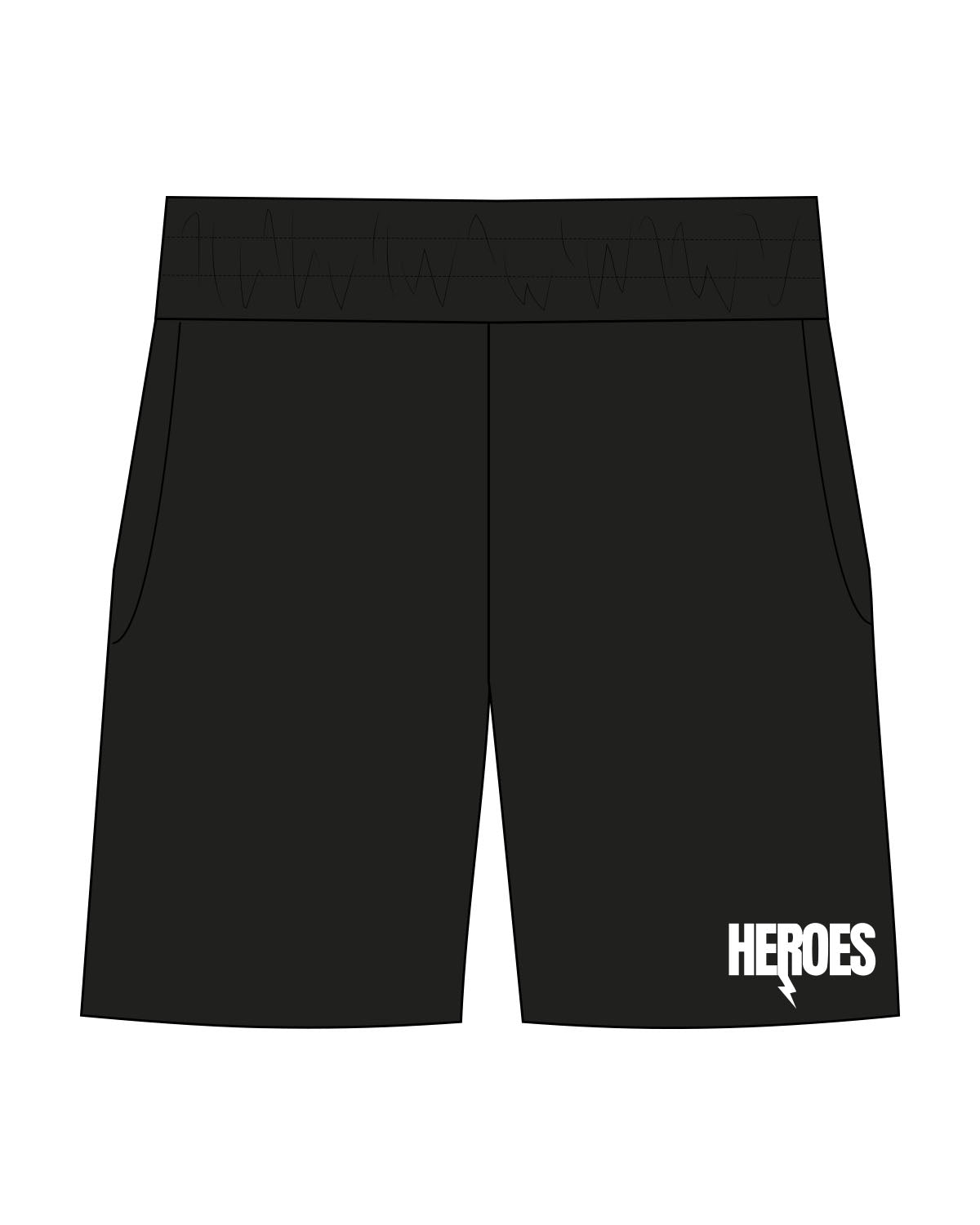 The Mens Sweat Shorts - Black - Heroes Fitness - Left Leg - Printed - White