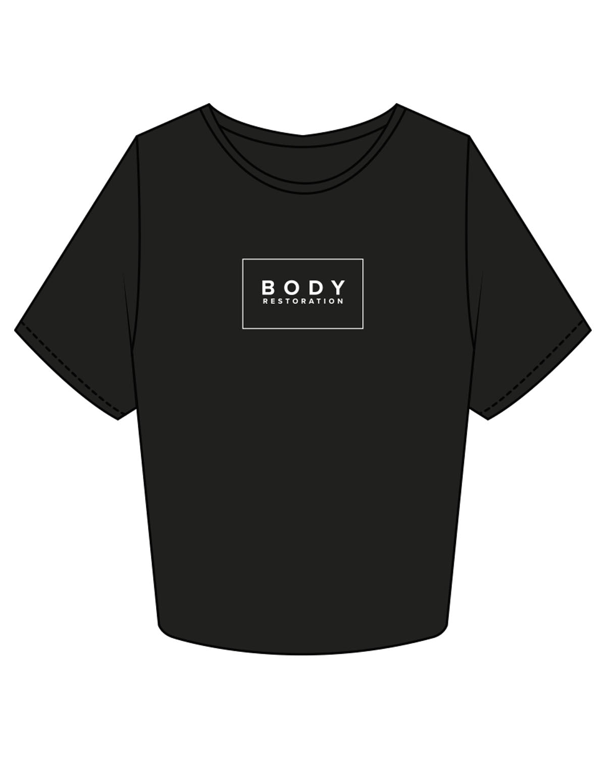 The Crop Tee - Black - Body Restoration - Center Chest & Back Center Neckline - Printed - White