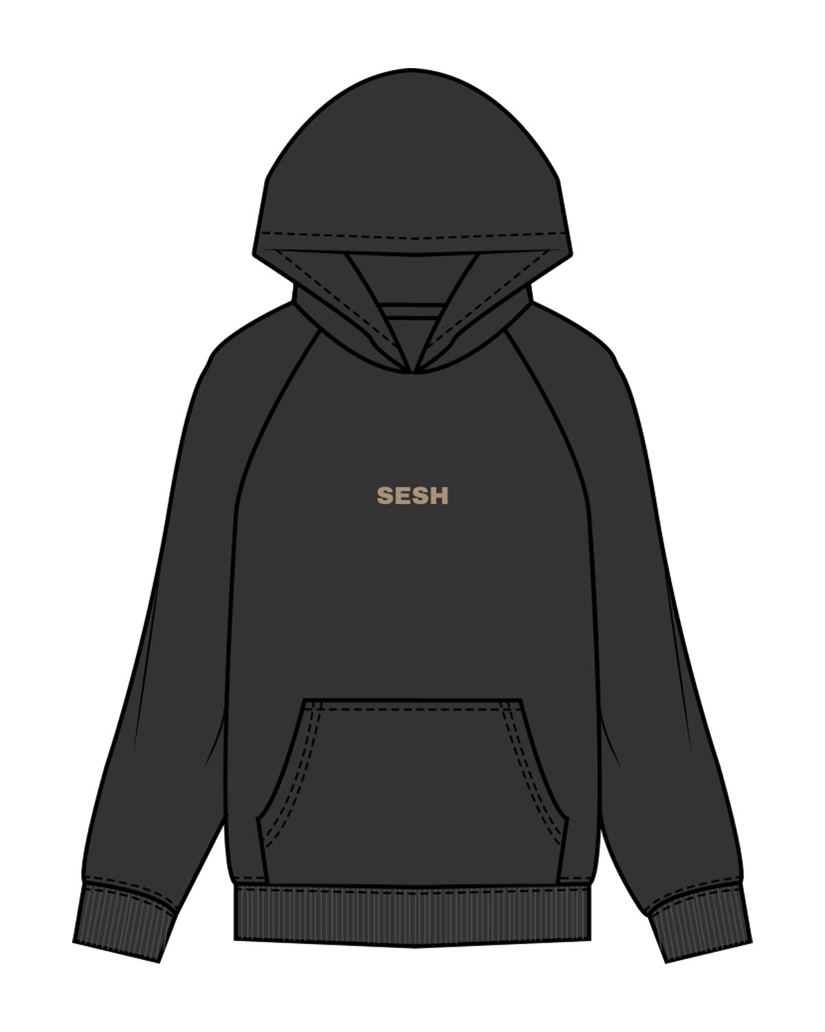 The Mens Hoodie - Washed Black - Sesh Studio - Center Chest - Printed - Brown