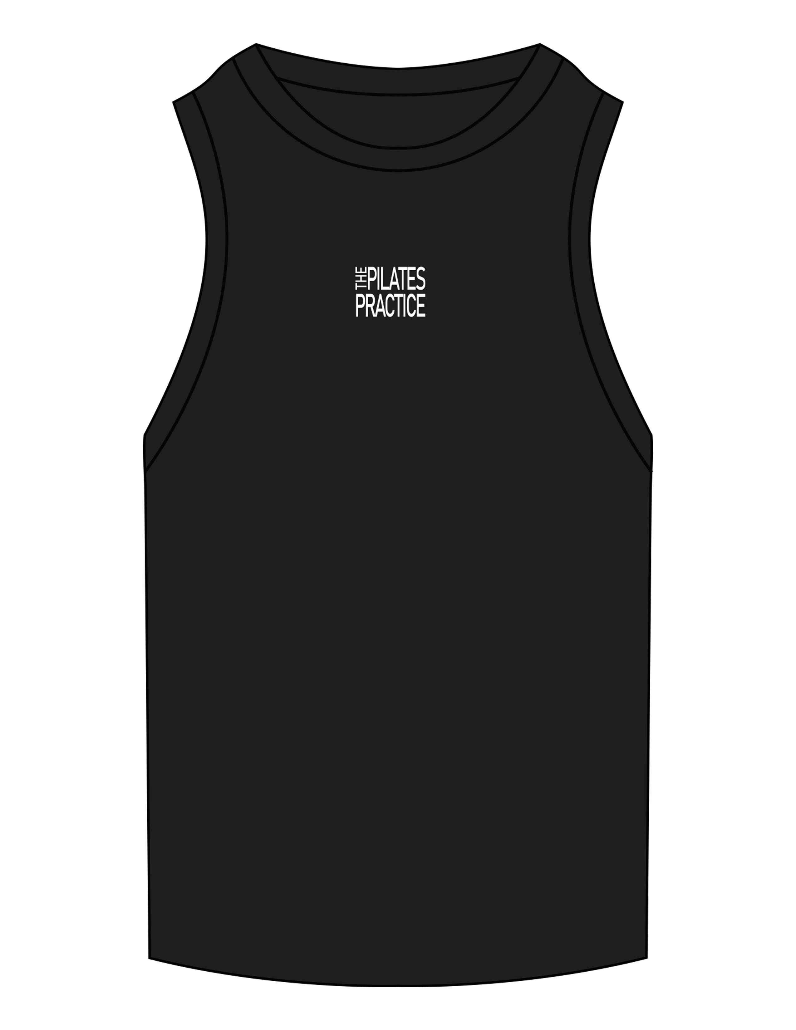 The Ribbed Full Length Tank - Black - Pilates Practice - Center Chest Stacked - Embroidered - White