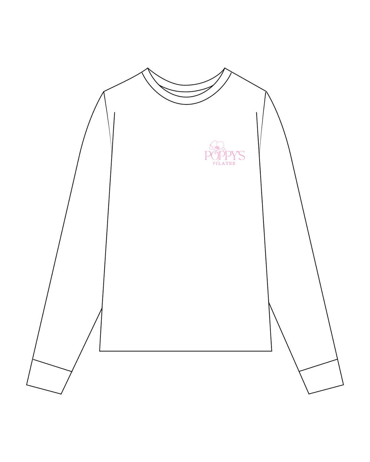 The Womens Long Sleeve - White - Poppys Pilates - Left Chest Stacked Logo - Printed - Pink