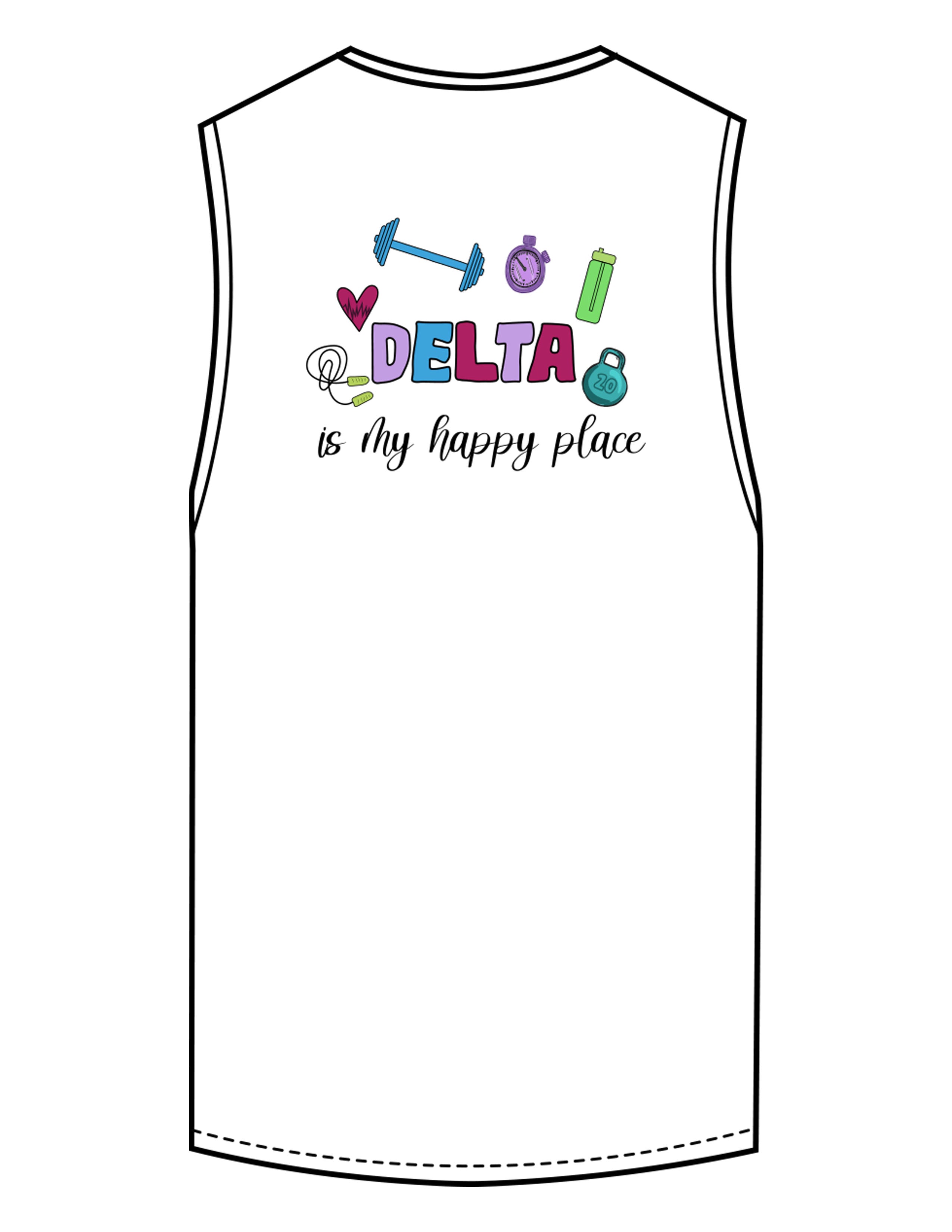 The Scoop Muscle Tank - White - Delta Fitness - Center Chest & Back Stacked "DELTA" - Printed - Full Color