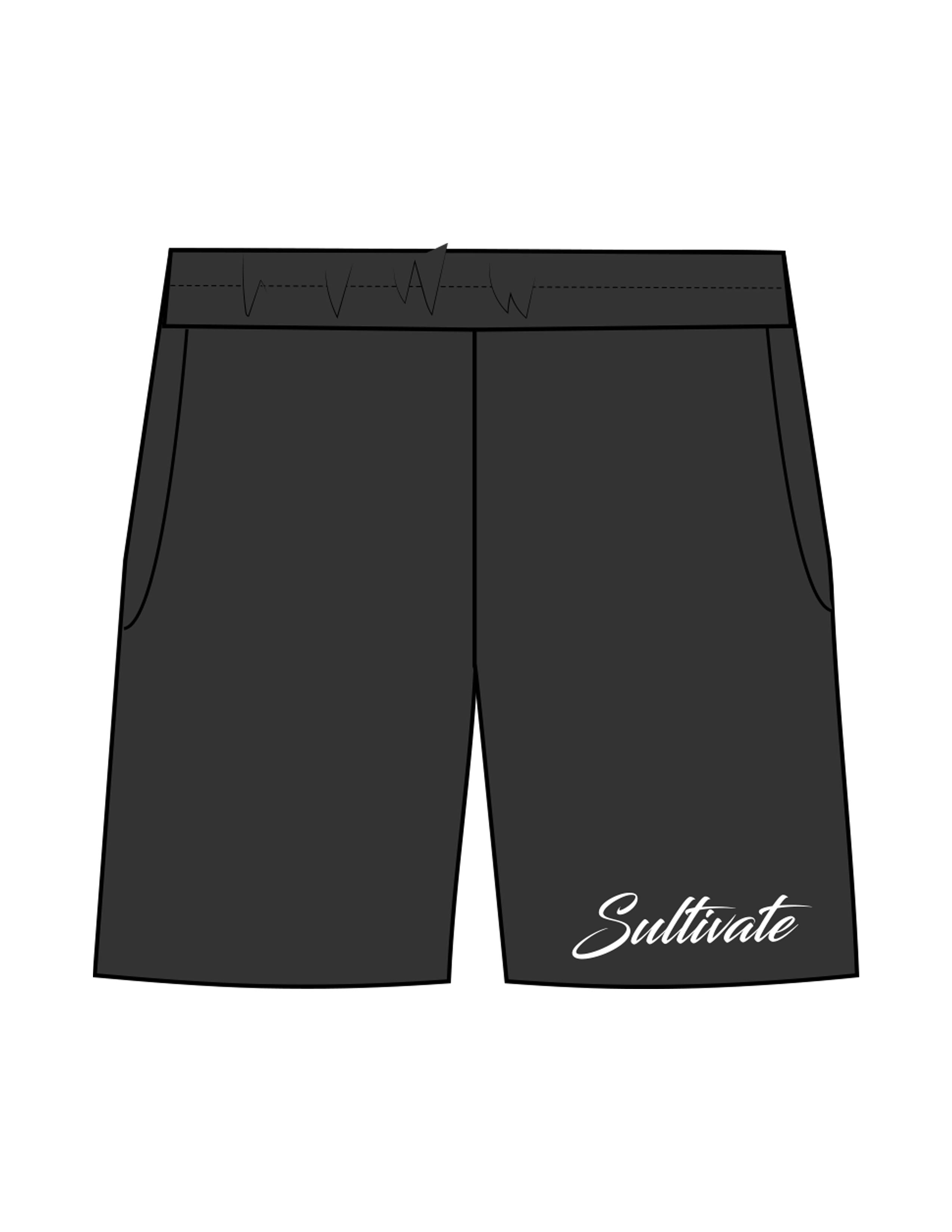 The Mens Sweat Shorts - Washed Black - Sultivate - Left Leg - Printed - White