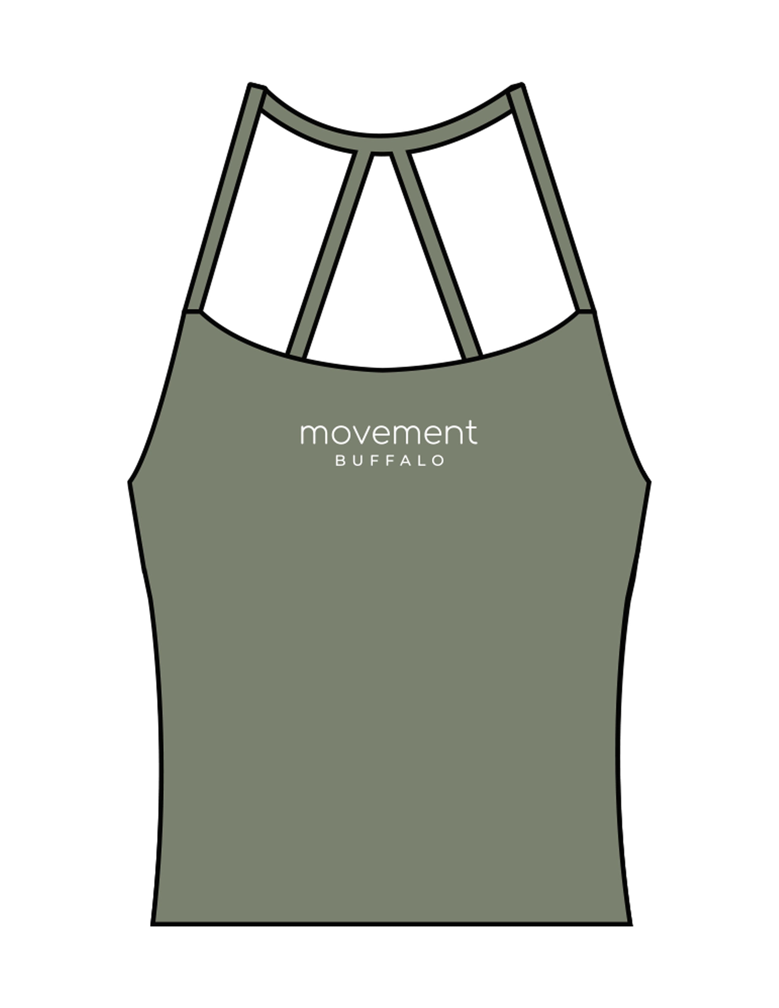 The Womens Sporty Tank - Green - Movement Pilates Buffalo - Center Chest Stacked - Printed - White