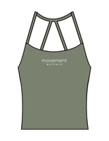 The Womens Sporty Tank - Green - Movement Pilates Buffalo - Center Chest Stacked - Printed - White