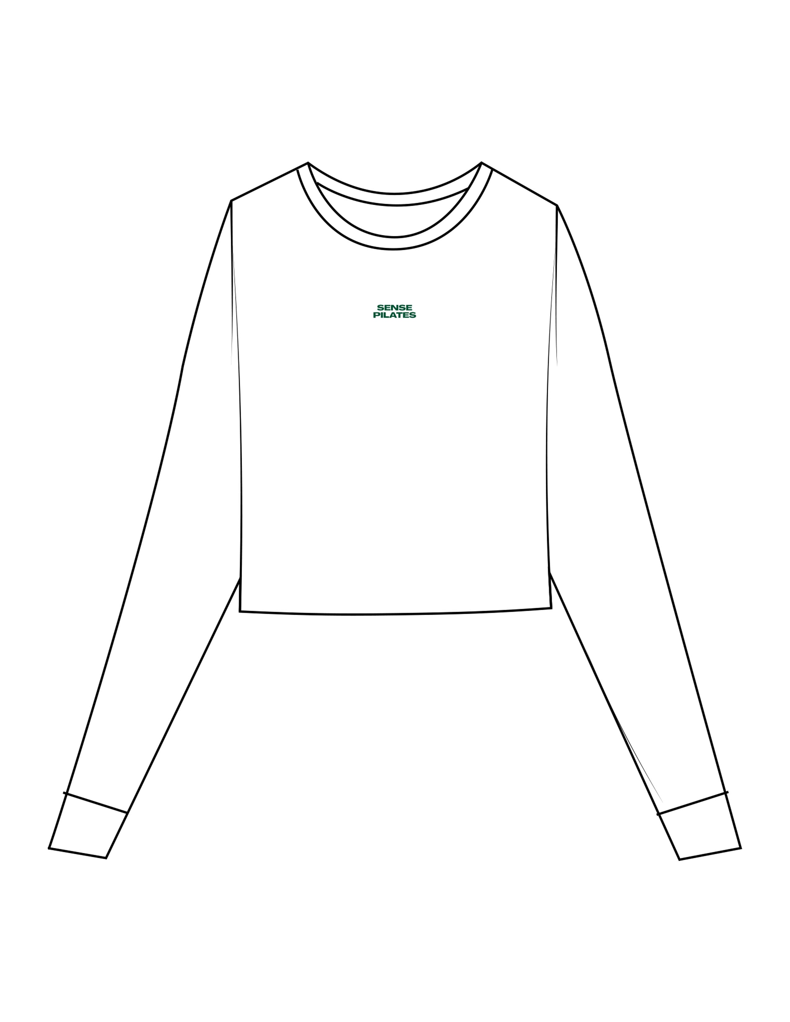 The Micro Rib Crop Long Sleeve - White - Sense Pilates - Center Chest Stacked - Printed - Green