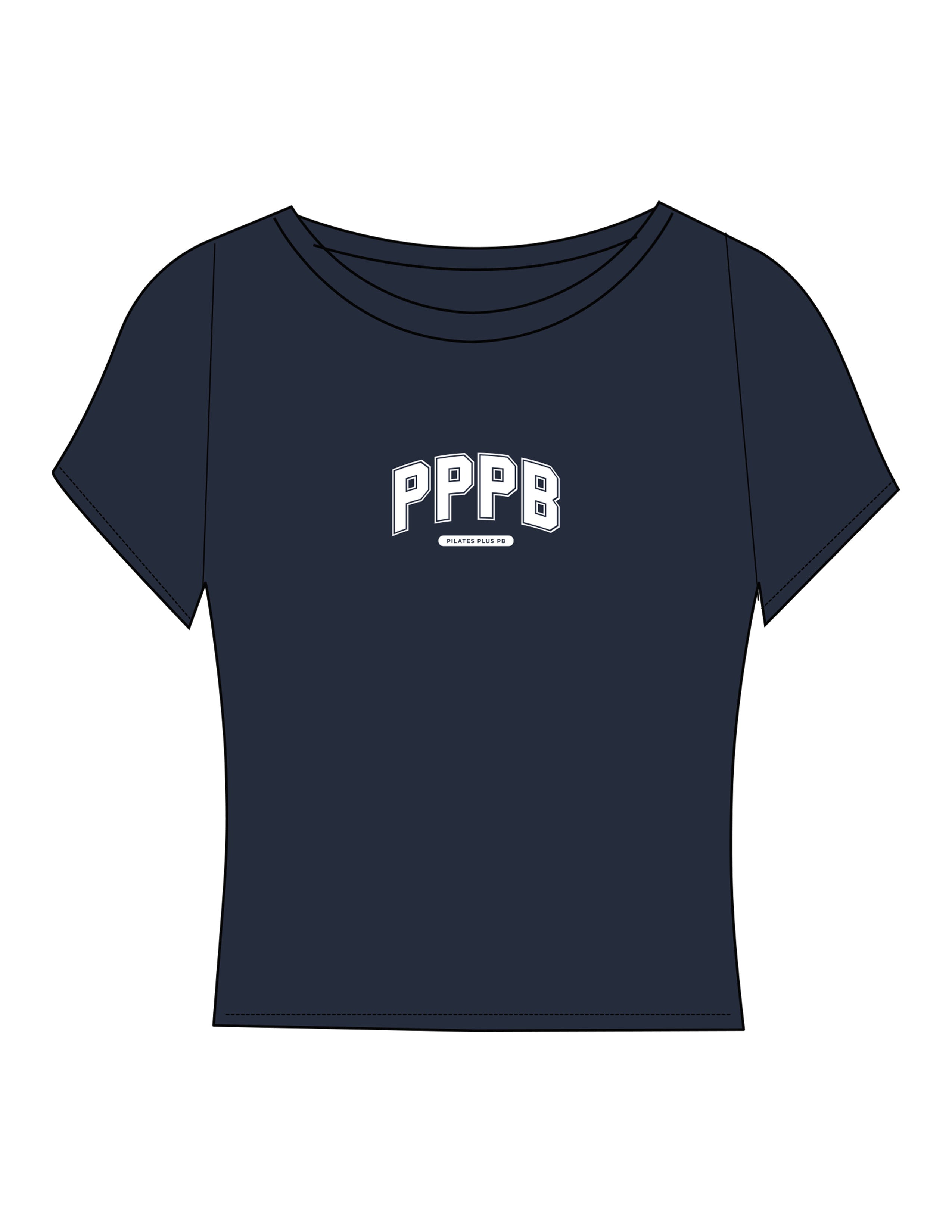 The Sporty Crop Short Sleeve - Navy - Pilates Plus PB - Center Chest - Printed - White
