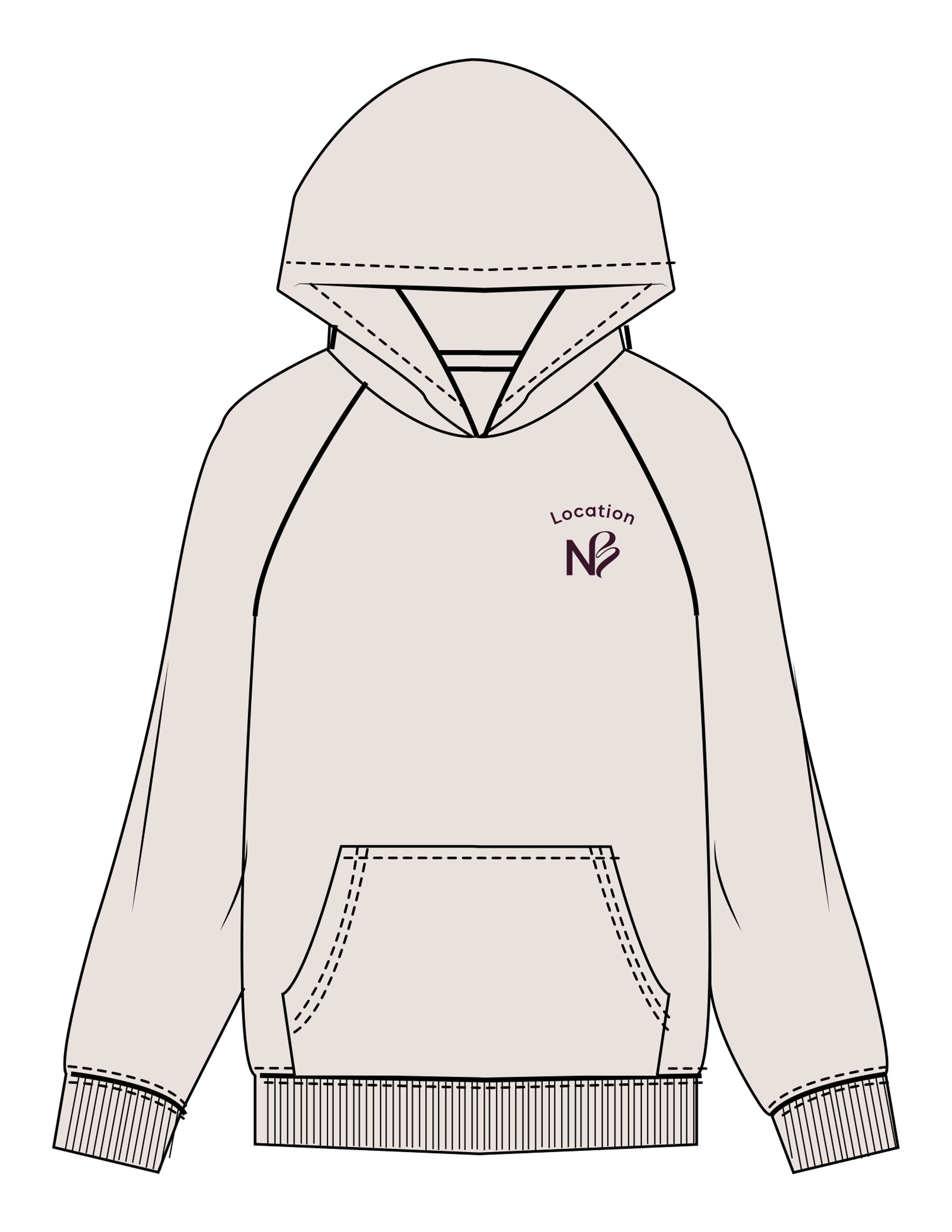 The Womens Hoodie - Bone - Neighborhood Barre - Left Chest Stacked "LOCATION" - Embroidered - Aubergine