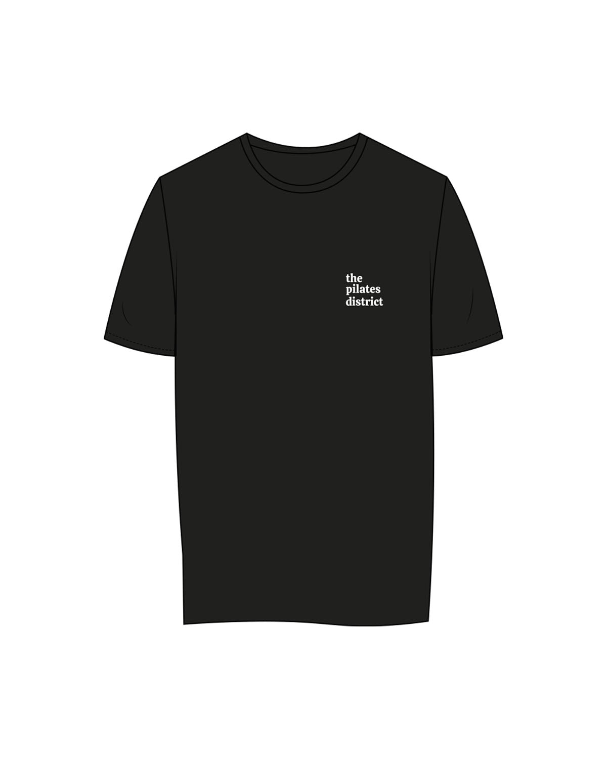 The Womens Tee - Black - THE PILATES DISTRICT - Left Chest Stacked - Printed - White