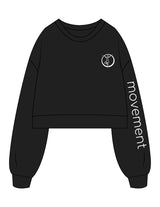 The Womens Crop Crewneck - Black - Movement Pilates Buffalo - Left Chest & Left Sleeve - Printed - White