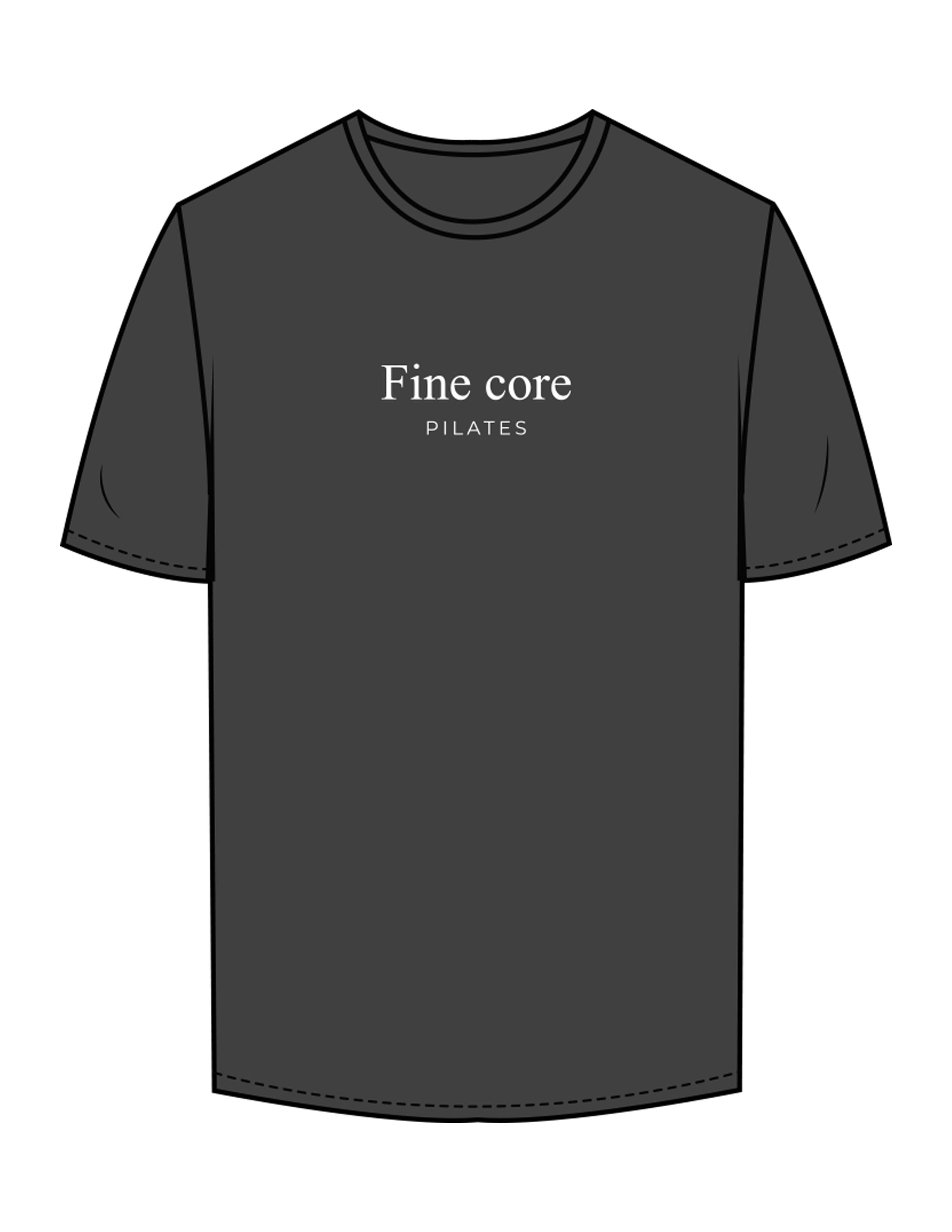 The Mens Tee - Charcoal - Fine Core Pilates - Center Chest Stacked - Printed - White