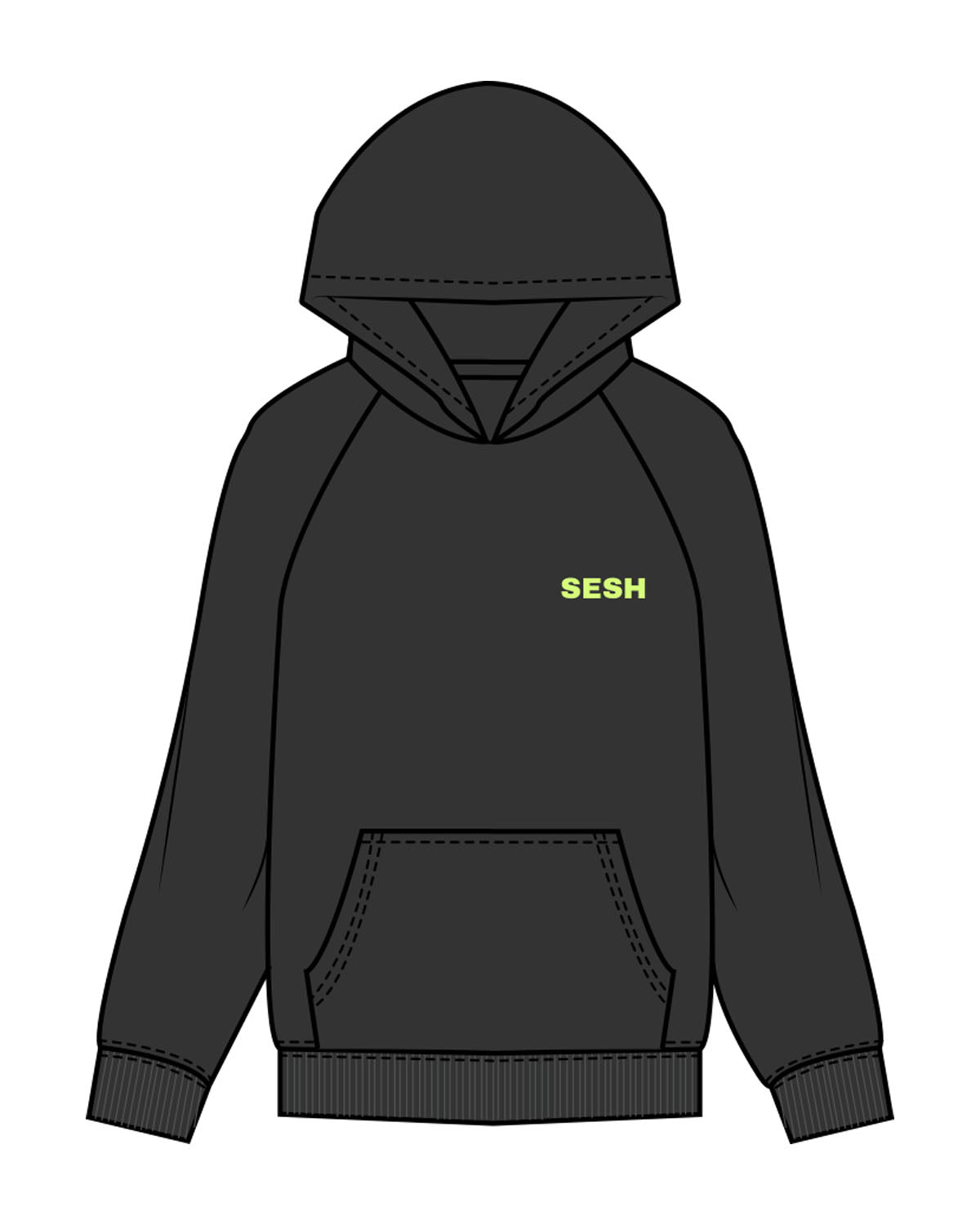 The Mens Hoodie - Washed Black - Sesh Studio - Left Chest - Printed - Neon Green