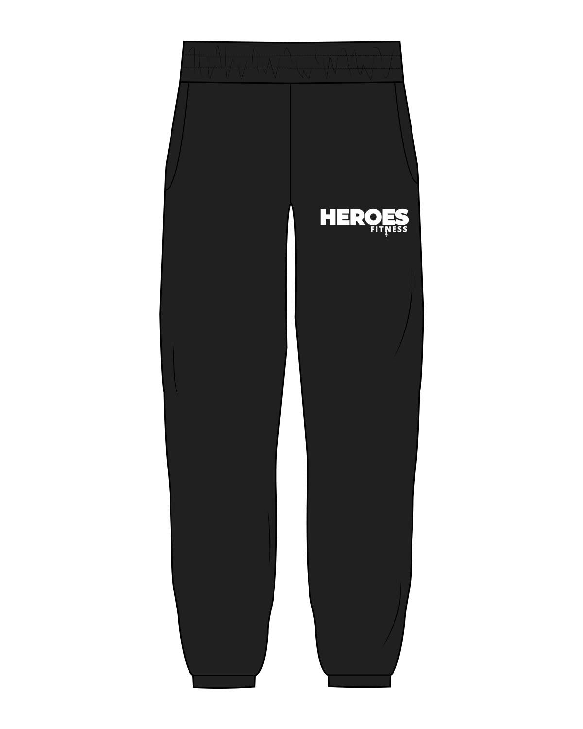 The Mens Sweatpants - Black - Heroes Fitness - Left Leg Stacked - Printed - White