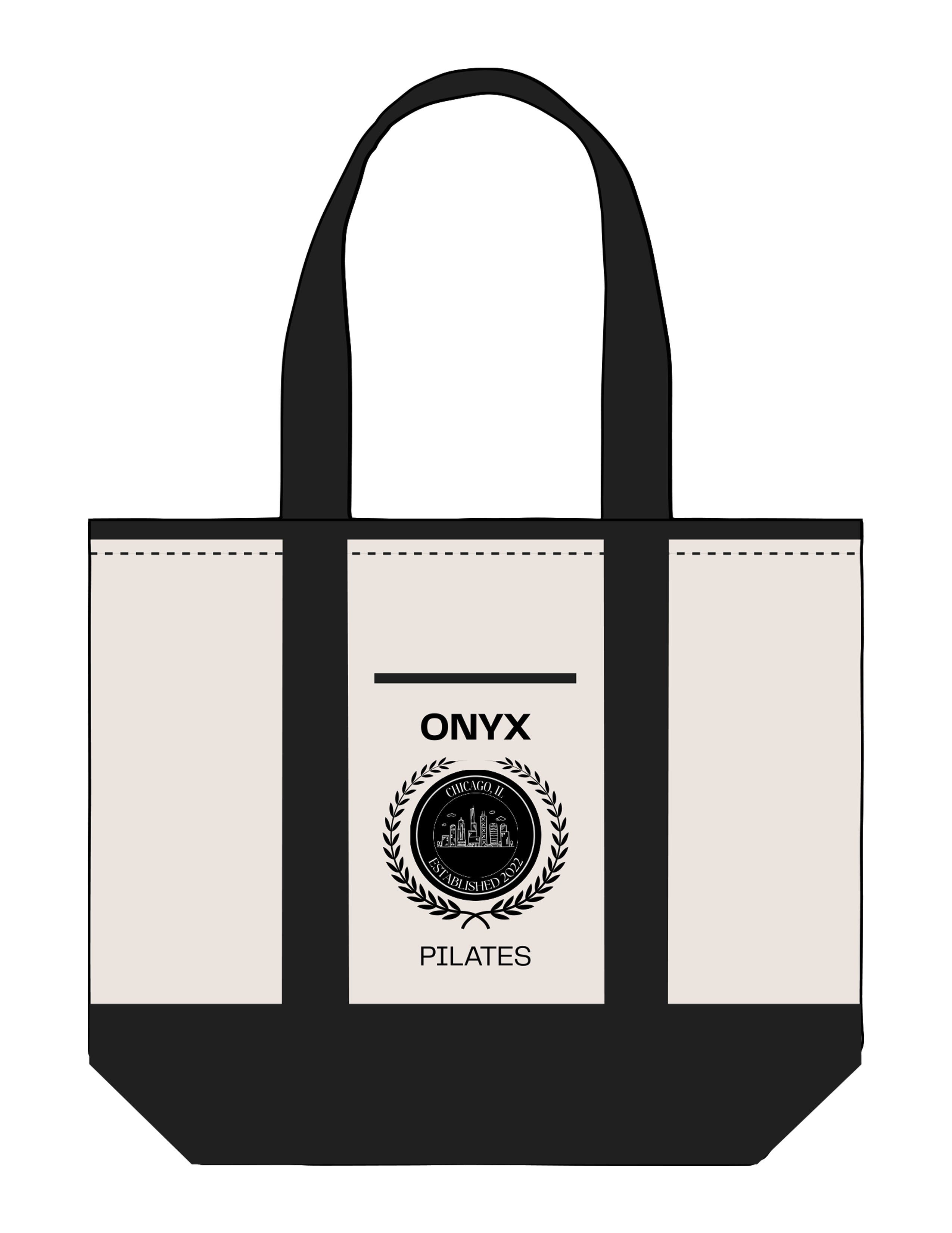 The Contrast Tote Bag - Natural / Black - Onyx Fit - Center Body Stacked - Printed - Black / White
