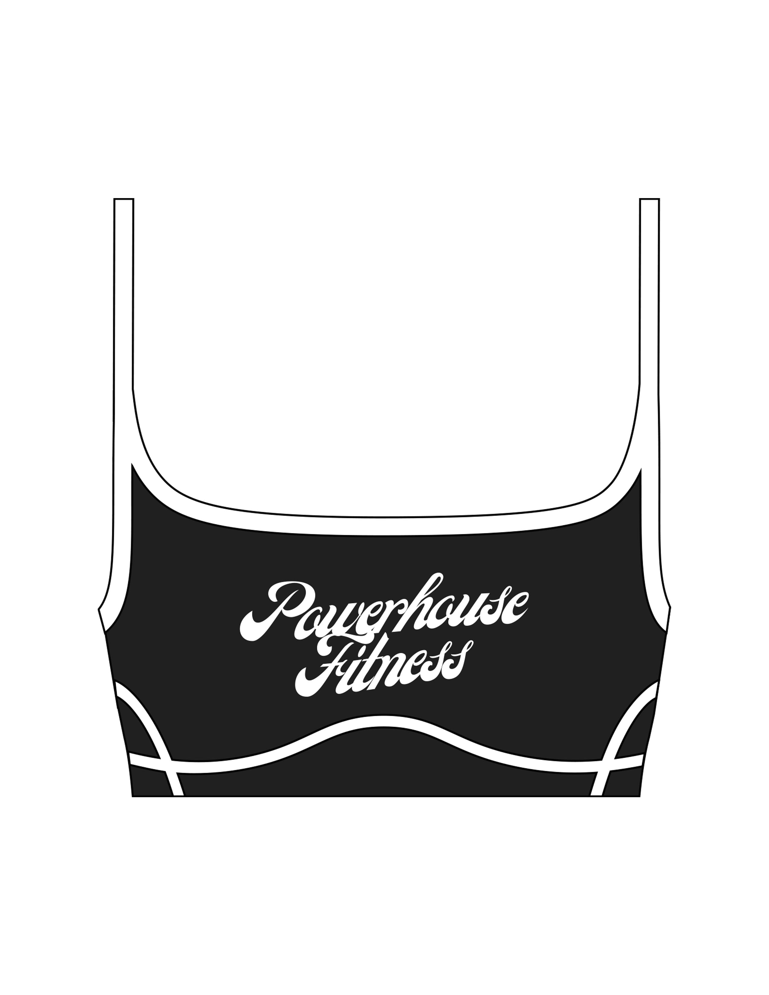 The Piped Scoop Sports Bra - Black - Powerhouse Fitness - Center Chest Stacked - Printed - White