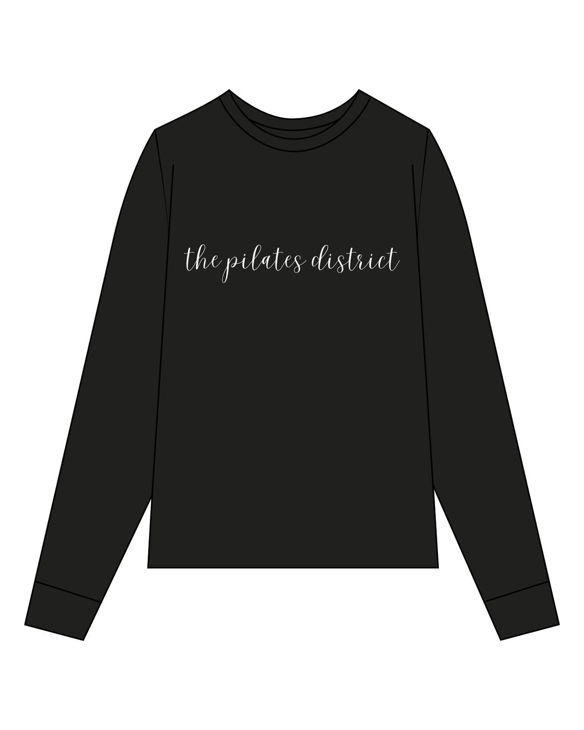 The Womens Long Sleeve - Black - THE PILATES DISTRICT - Center Chest - Printed - White