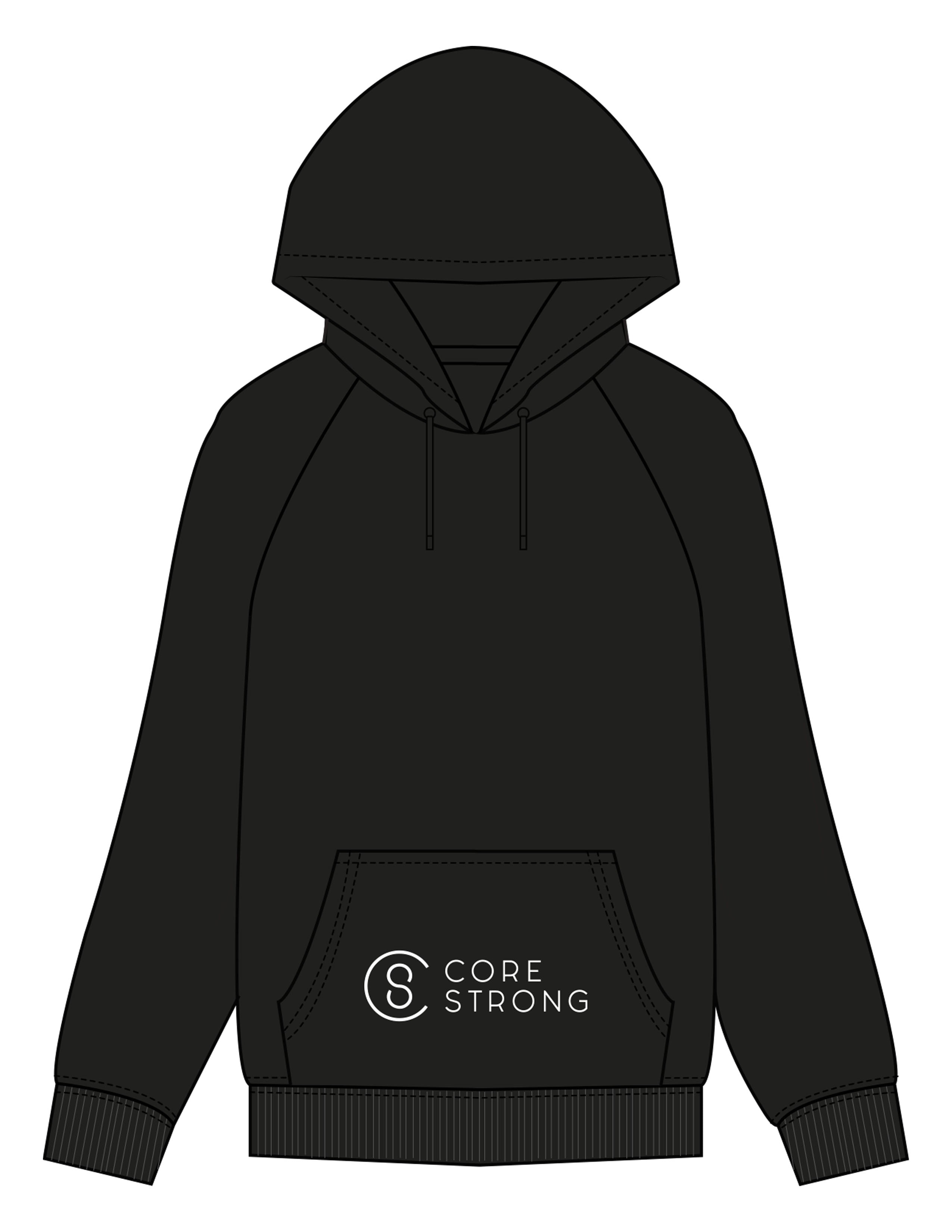 The Mens Classic Hoodie - Black - Core Strong - Front Pocket - Printed - White