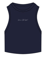 The Ribbed Crop Tank - Navy - Barnes. The Label - Center Chest - EMB - White