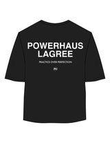 The Oversized Crop Tee - Black - Powerhaus Lagree - Center Chest & Back Stacked - Printed - White