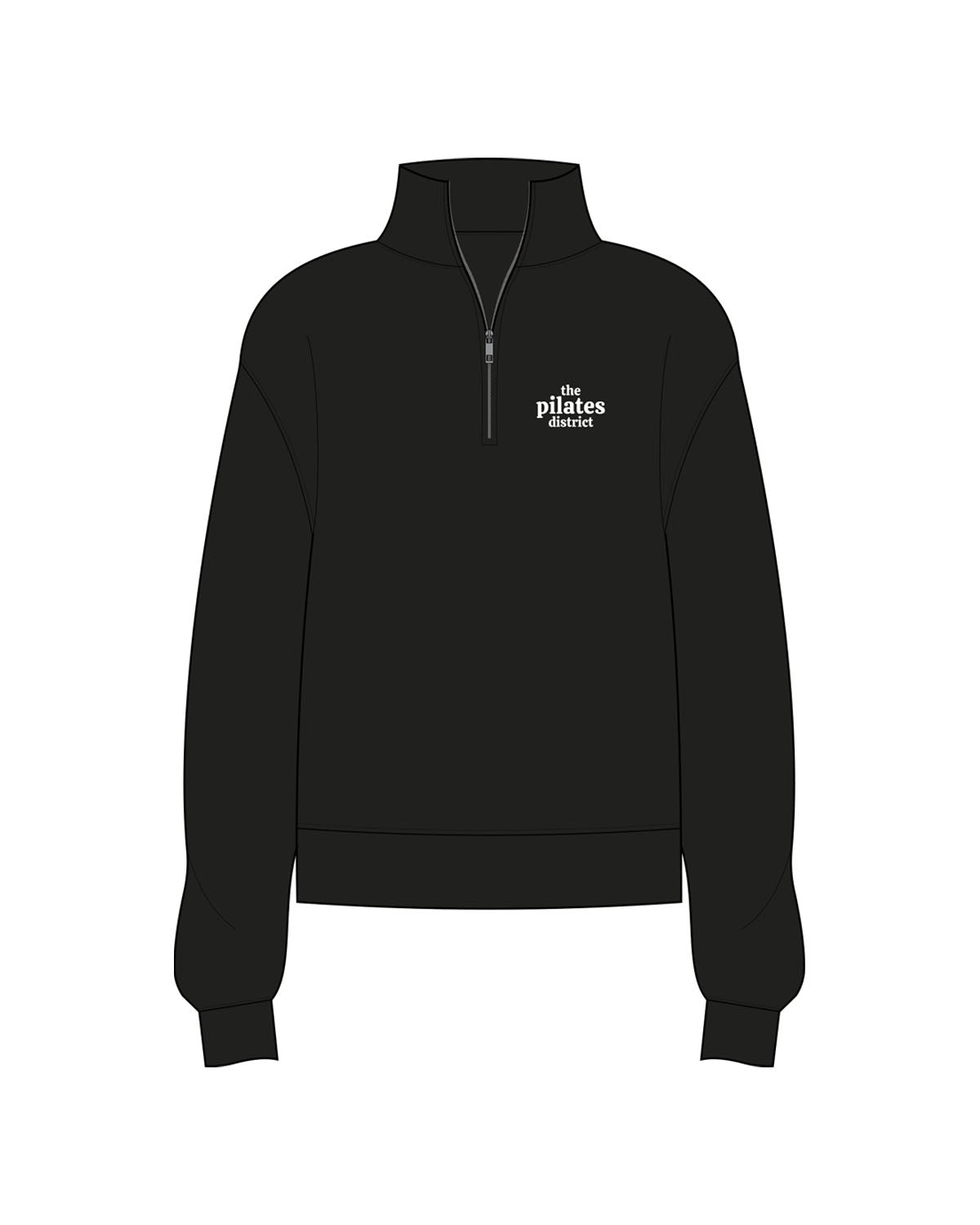 The Womens 1/4 Zip - Black - THE PILATES DISTRICT - Left Chest Stacked - Embroidered - White