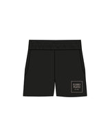 The Womens Sweat Shorts - Black - Clearly Pilates - Left Bottom Leg Boxed Stacked Text - Printed - Bone