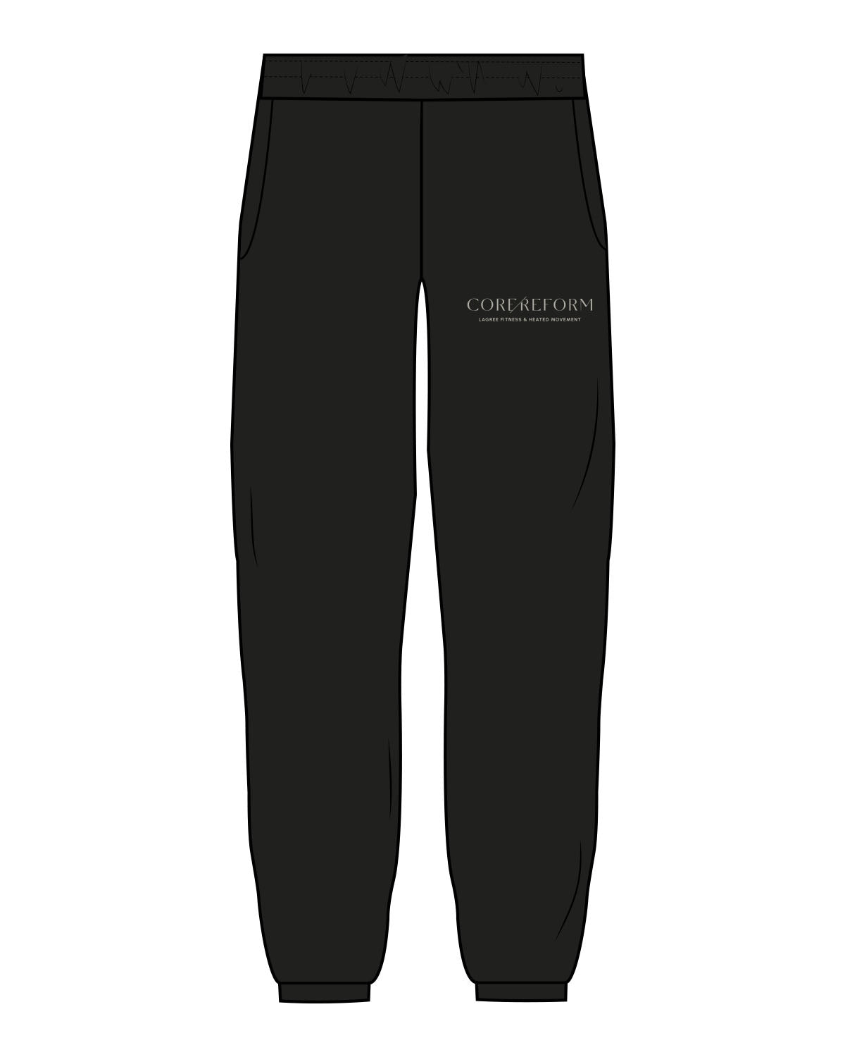 The Mens Sweatpants - Black - Core Reform - Left Leg Stacked - Printed - Sage