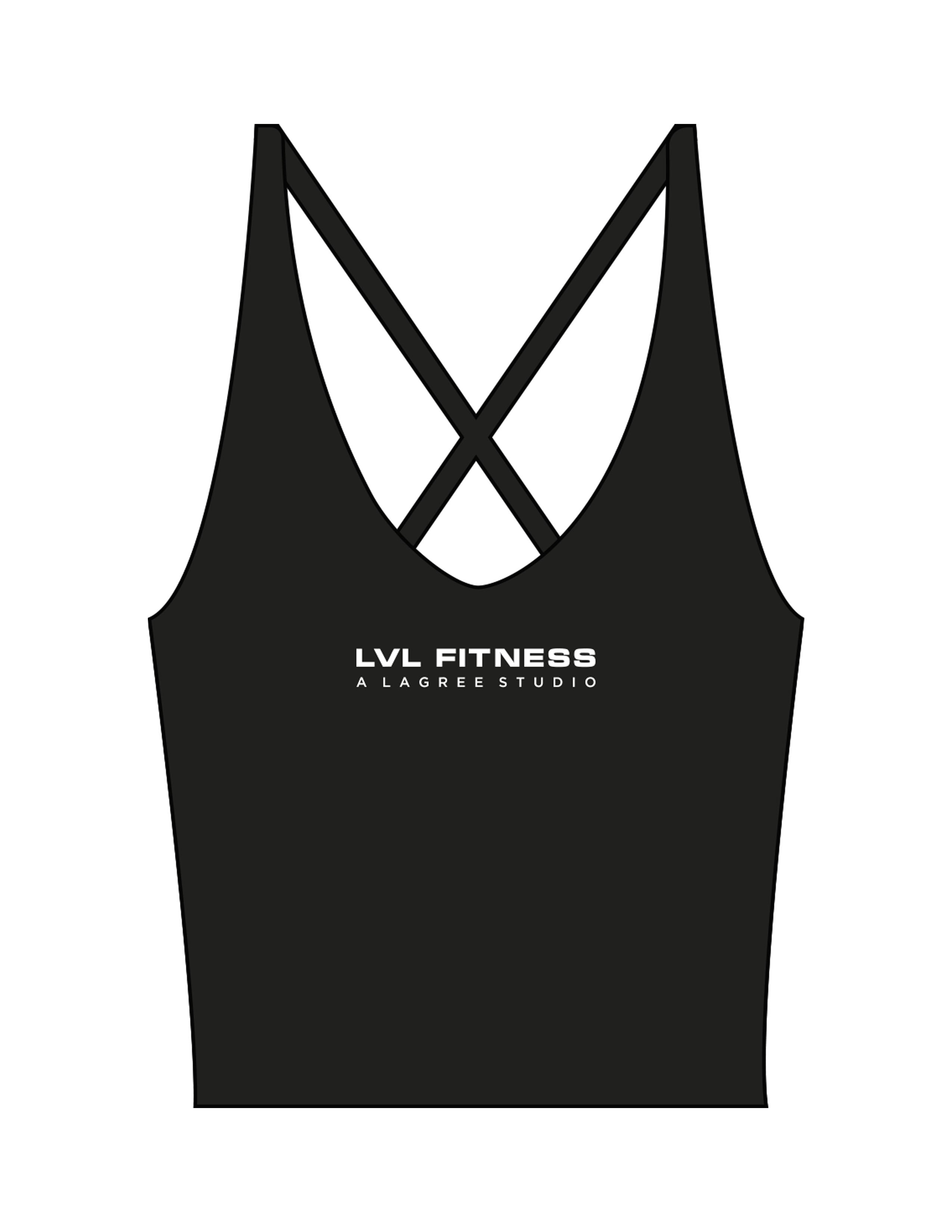 The Sporty Strappy Tank - Black - LVL - Chest Stacked & Back Icon "100" Stacked - Printed - White