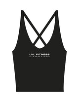 The Sporty Strappy Tank - Black - LVL - Chest Stacked & Back Icon "100" Stacked - Printed - White